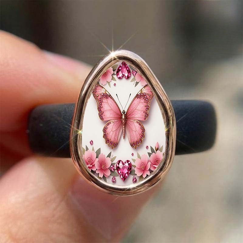 Pink Butterfly Teardrop Ring