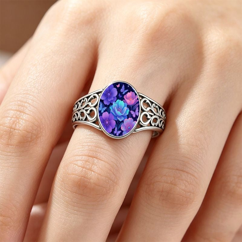 Midnight Floral Butterfly Filigree Ring