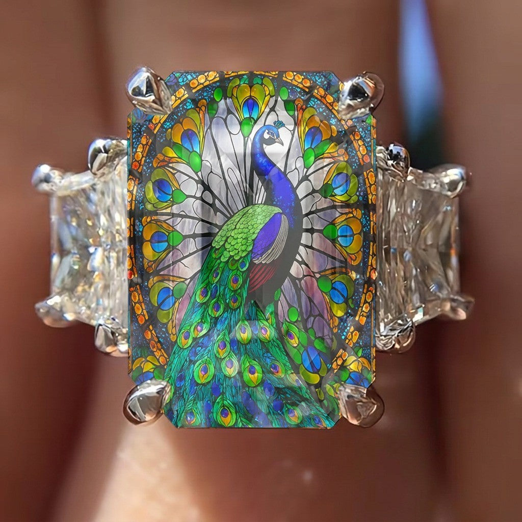 Painted Peacock Square Ring