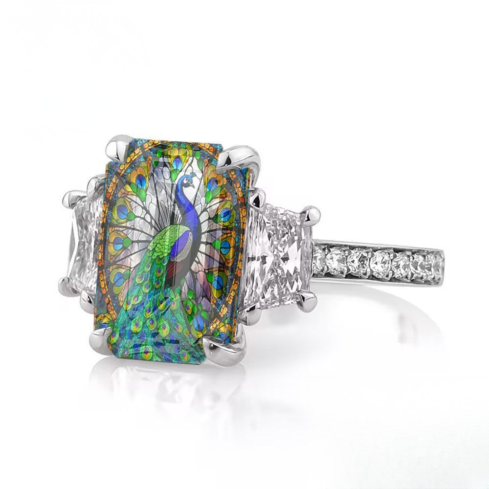 Painted Peacock Square Ring