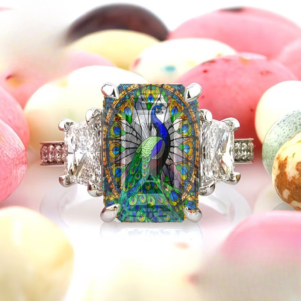 Painted Peacock Square Ring