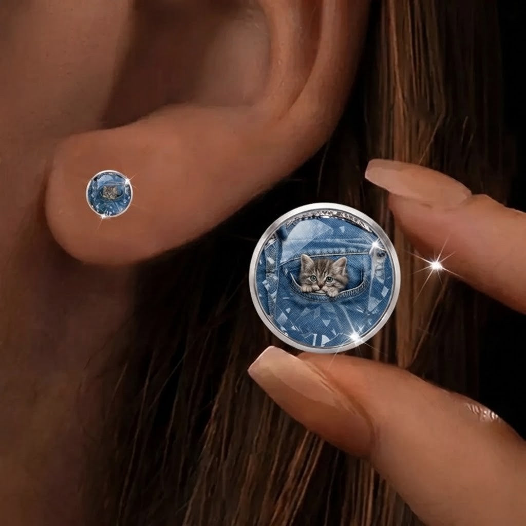 Denim Pocket Kitten Earrings