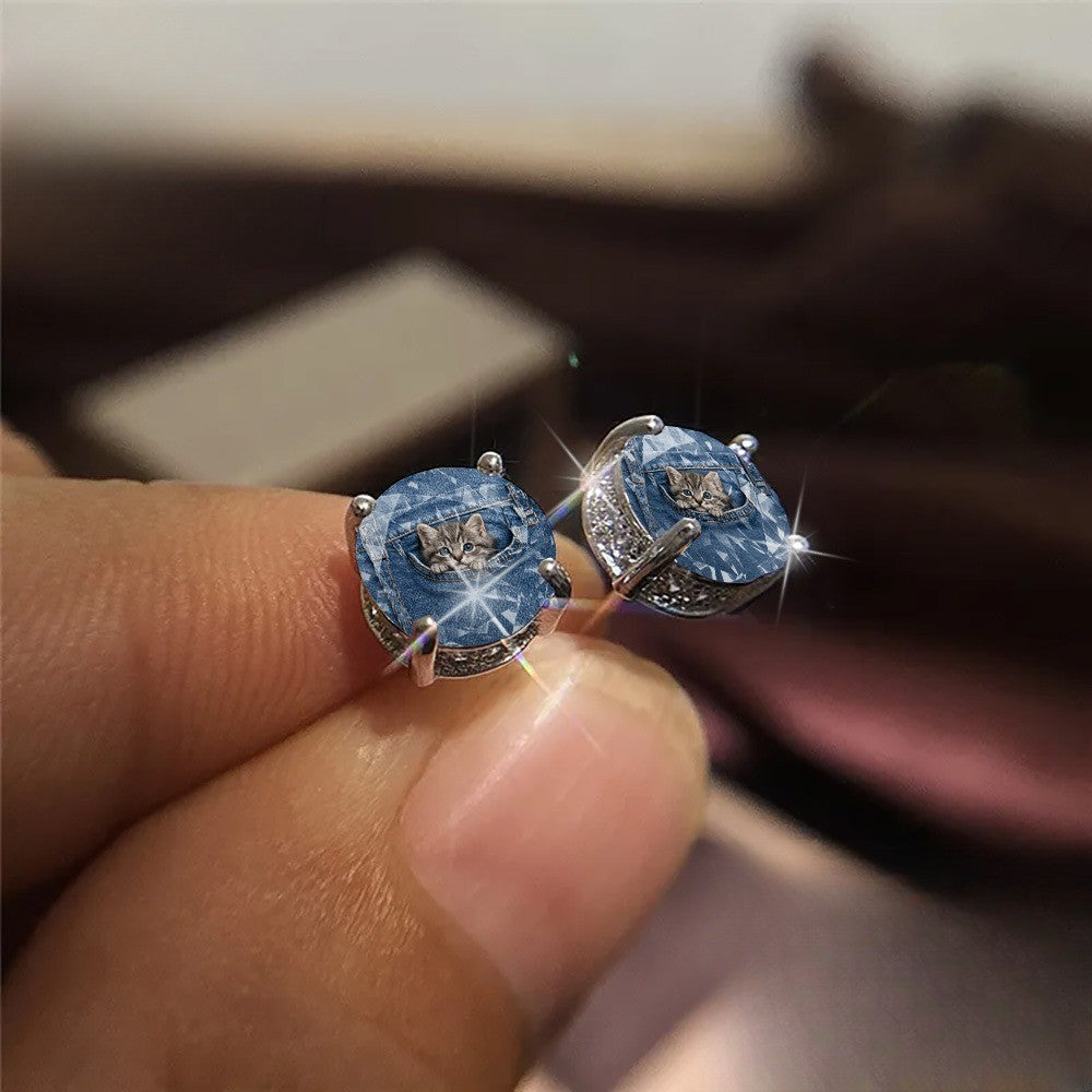 Denim Pocket Kitten Earrings