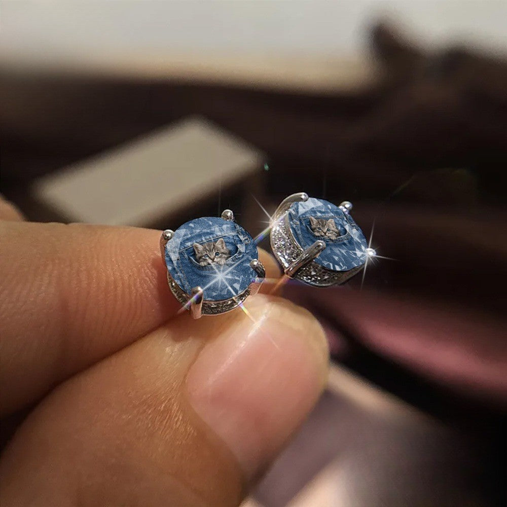 Denim Pocket Kitten Earrings