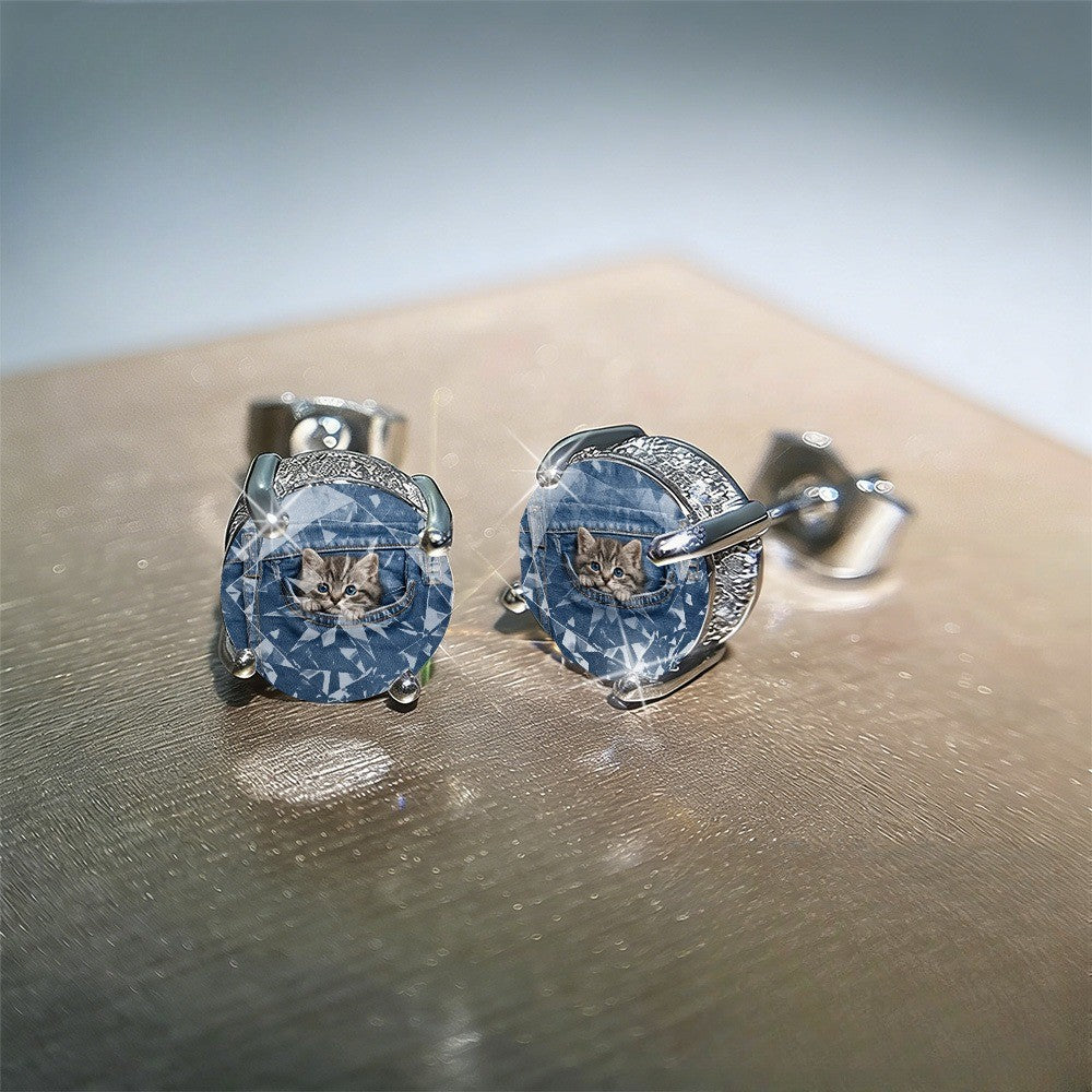 Denim Pocket Kitten Earrings