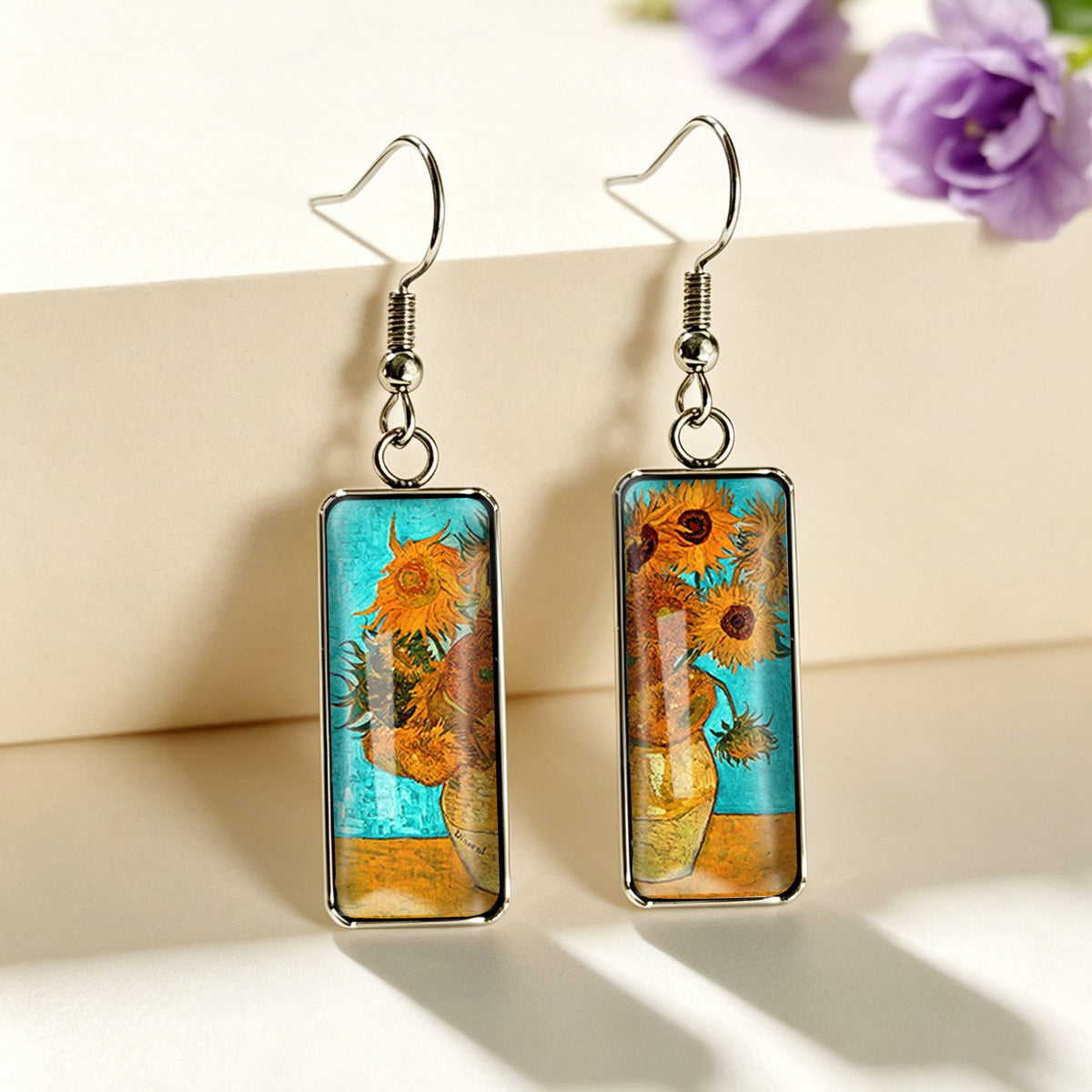 Sunflower Painting Rectangular Earrings