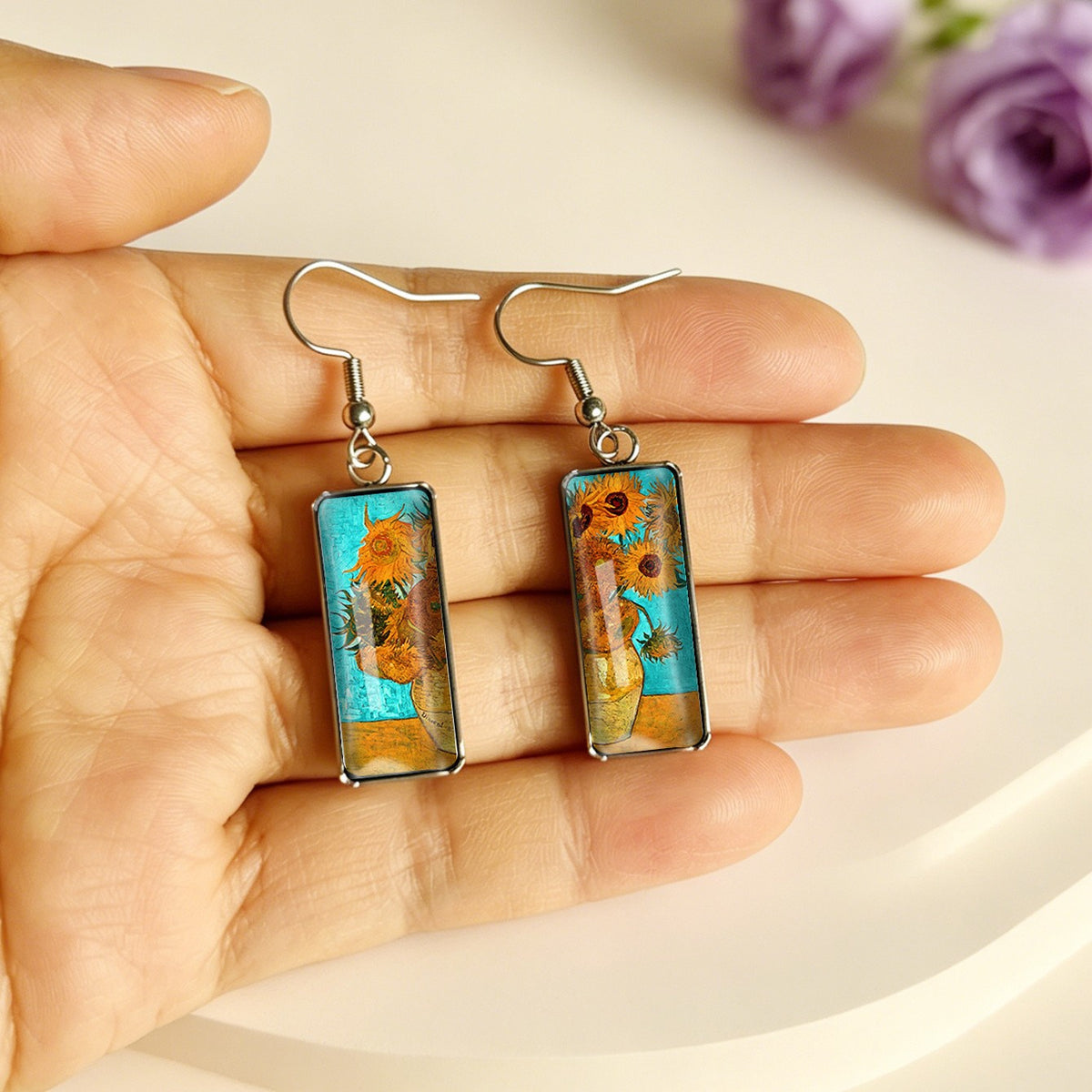 Sunflower Painting Rectangular Earrings