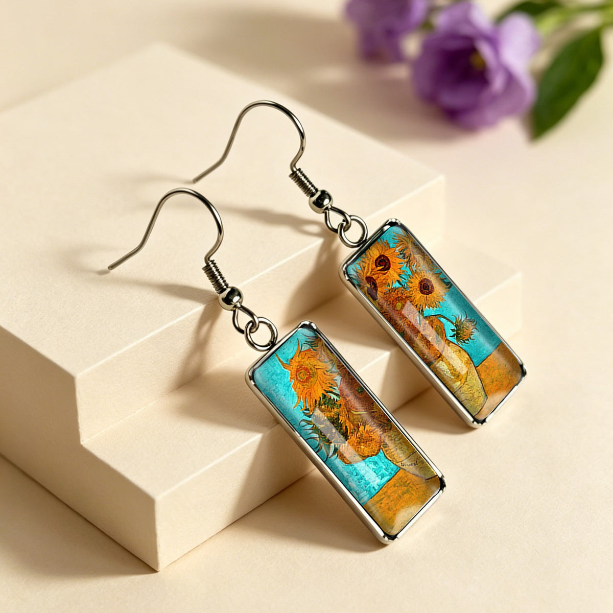 Sunflower Painting Rectangular Earrings