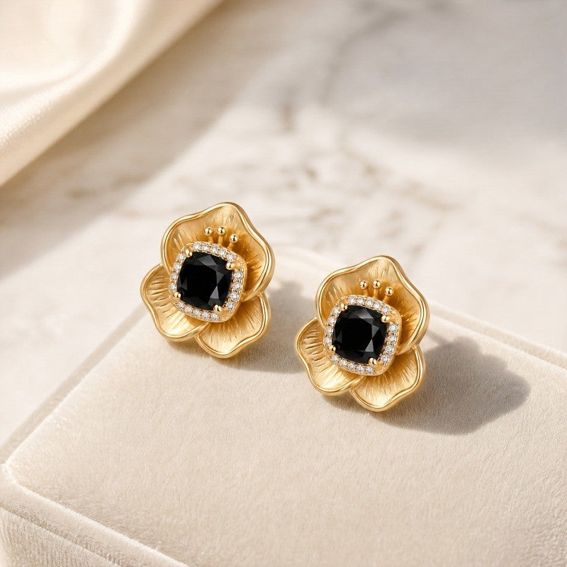 Black Stone Floral Stud Earrings