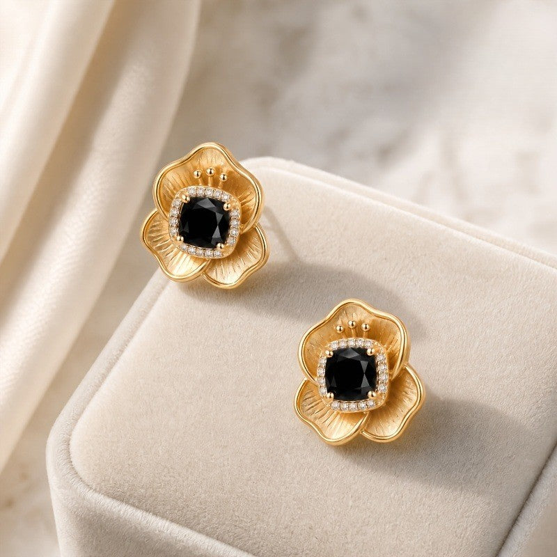 Black Stone Floral Stud Earrings