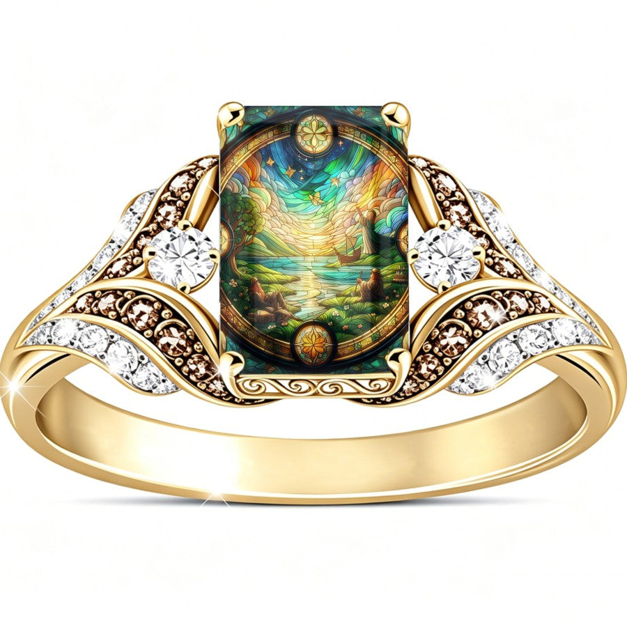 Stained Glass Nature Scene Square Ring