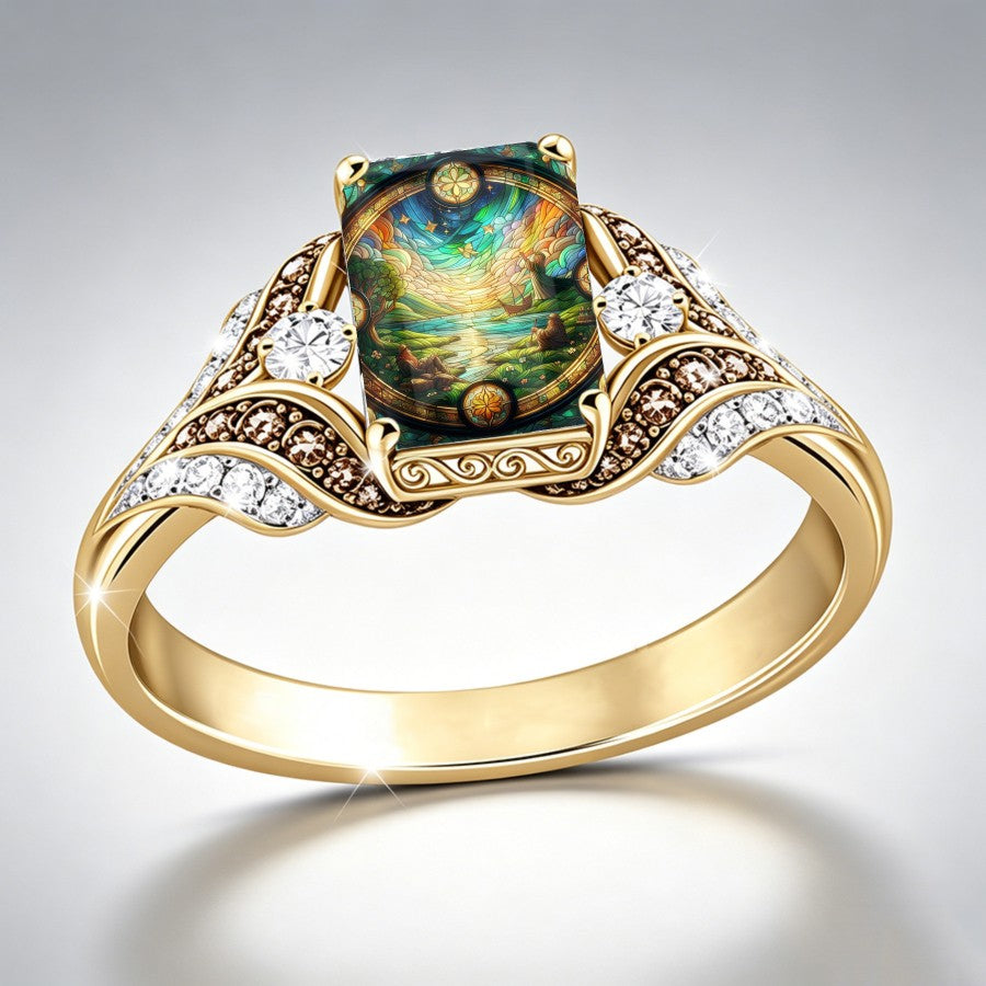 Stained Glass Nature Scene Square Ring