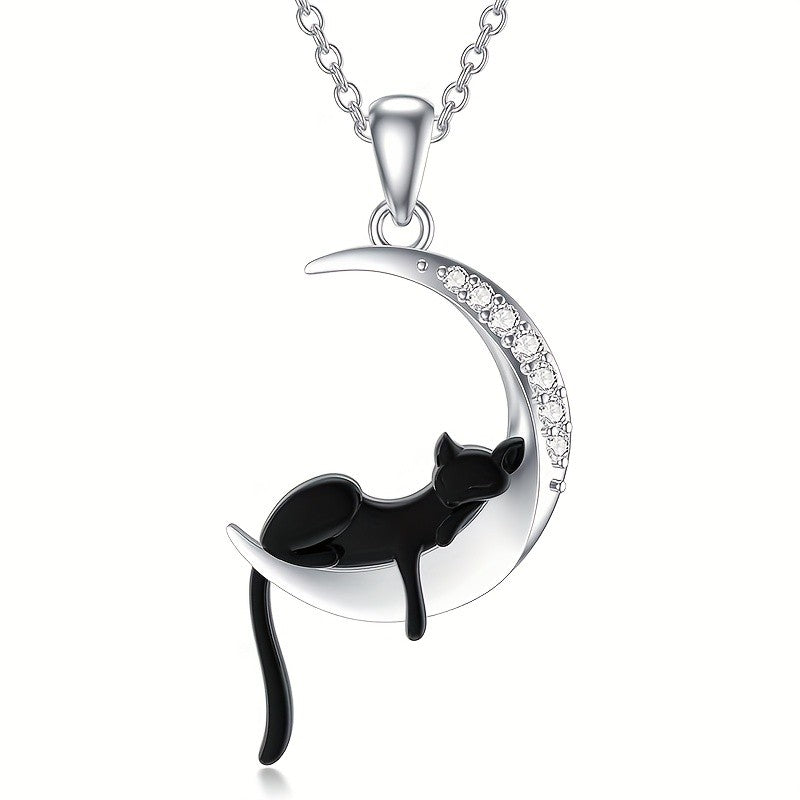 Black Cat Crescent Moon Necklace