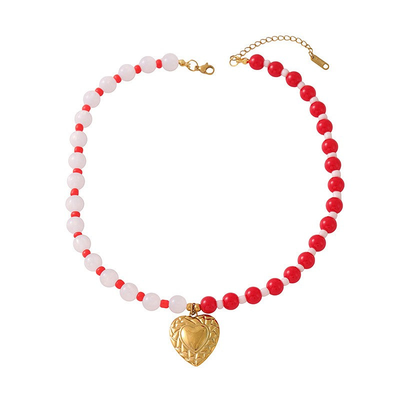 Red & White Bead Heart Necklace
