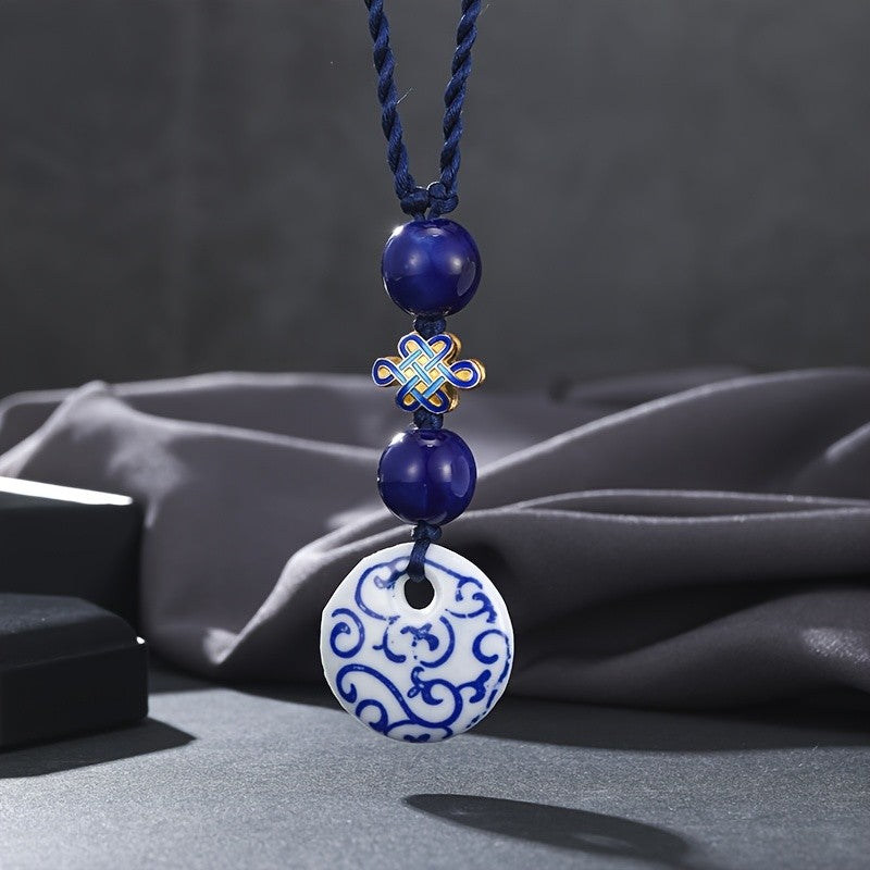Blue Floral Ceramic Pendant Necklace