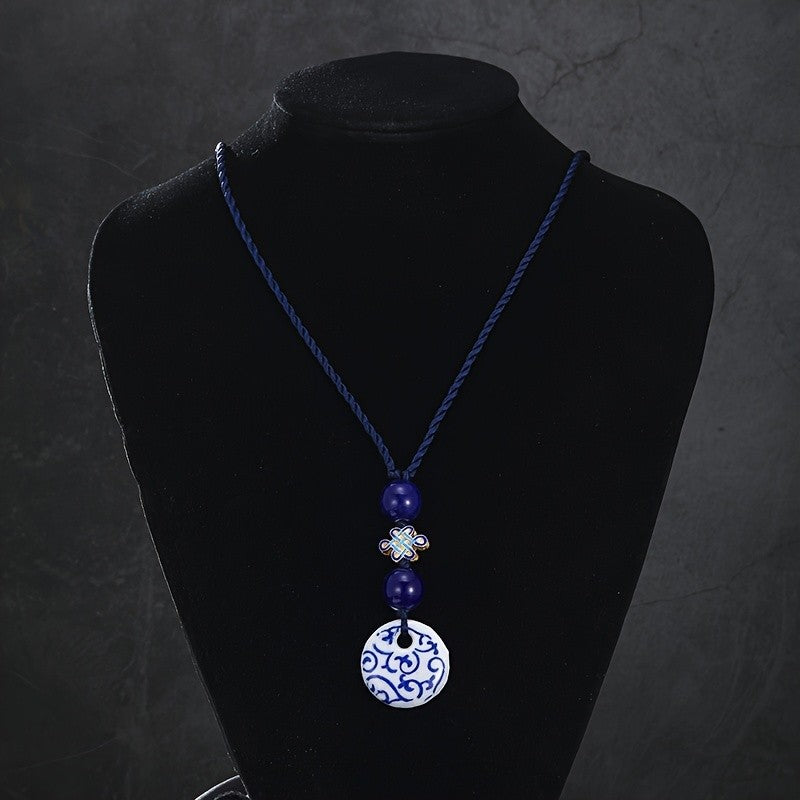 Blue Floral Ceramic Pendant Necklace