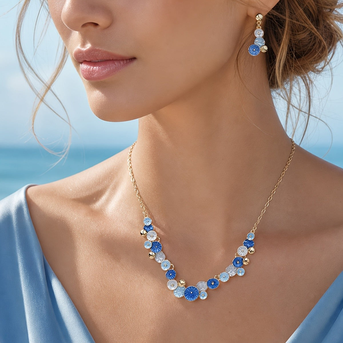 Blue Enamel Floral Jewelry Set