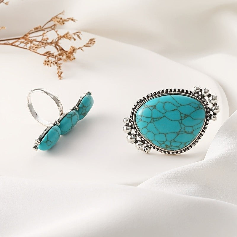 Turquoise Oval & Triple Teardrop Ring Set