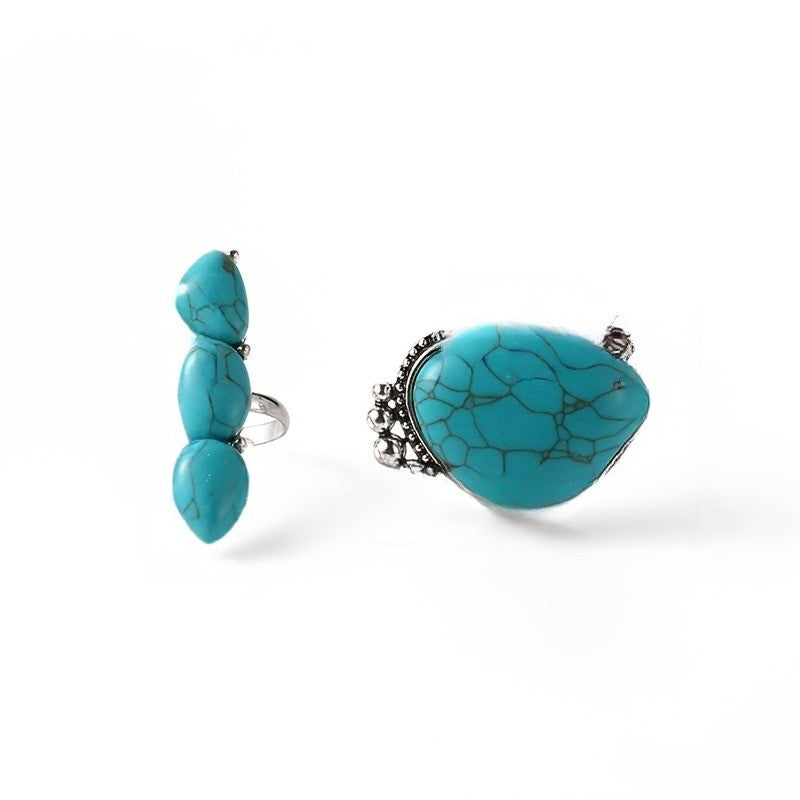 Turquoise Oval & Triple Teardrop Ring Set