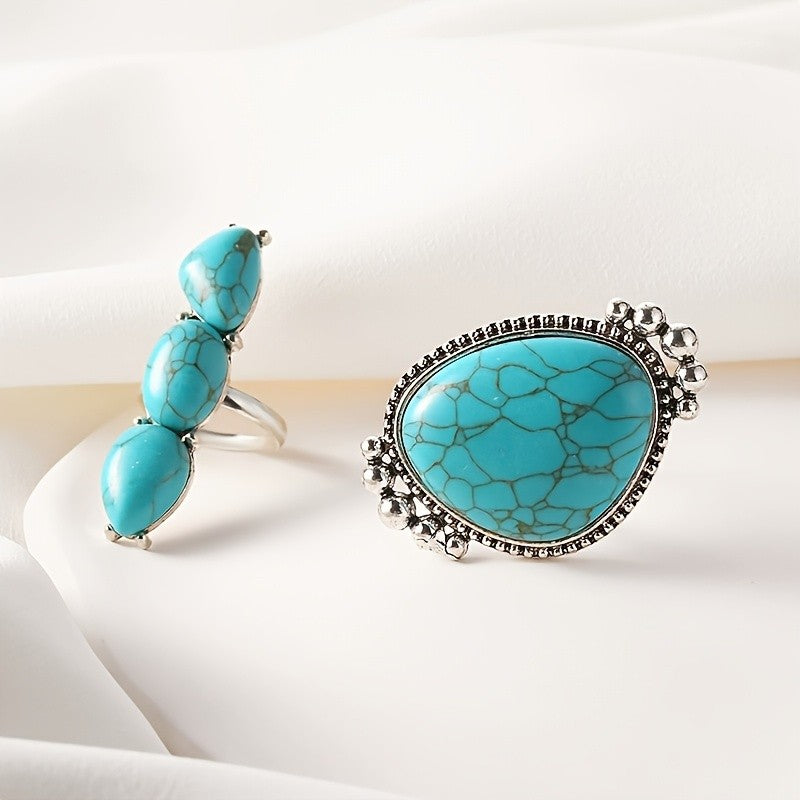 Turquoise Oval & Triple Teardrop Ring Set