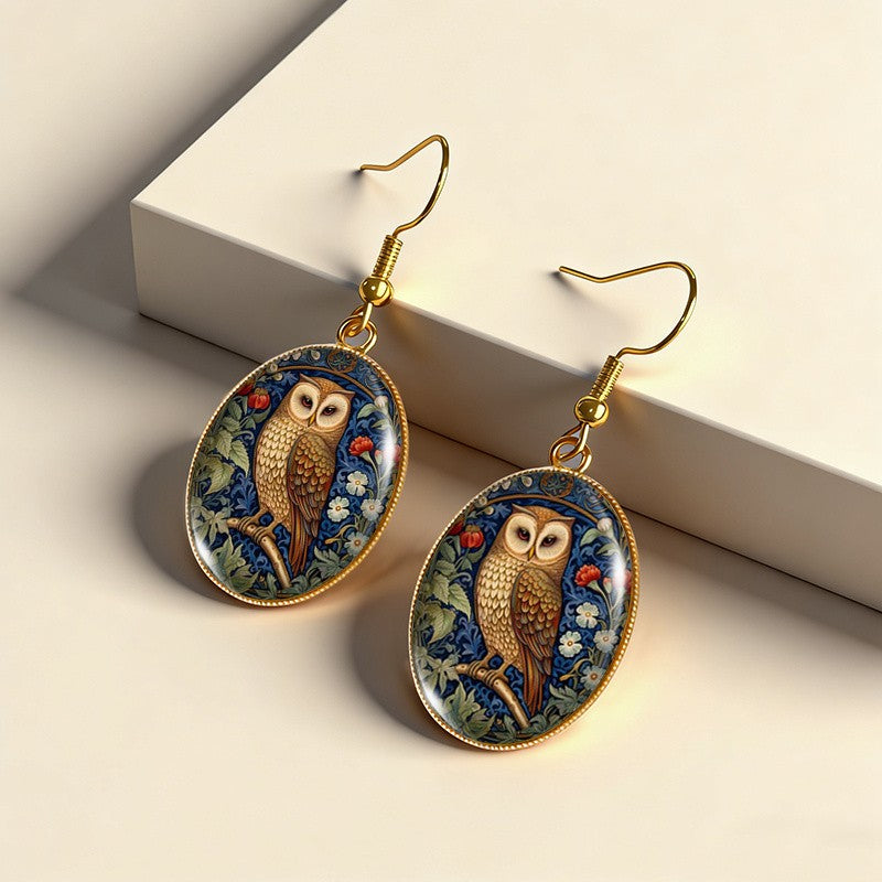 Art Nouveau Owl Oval Earrings