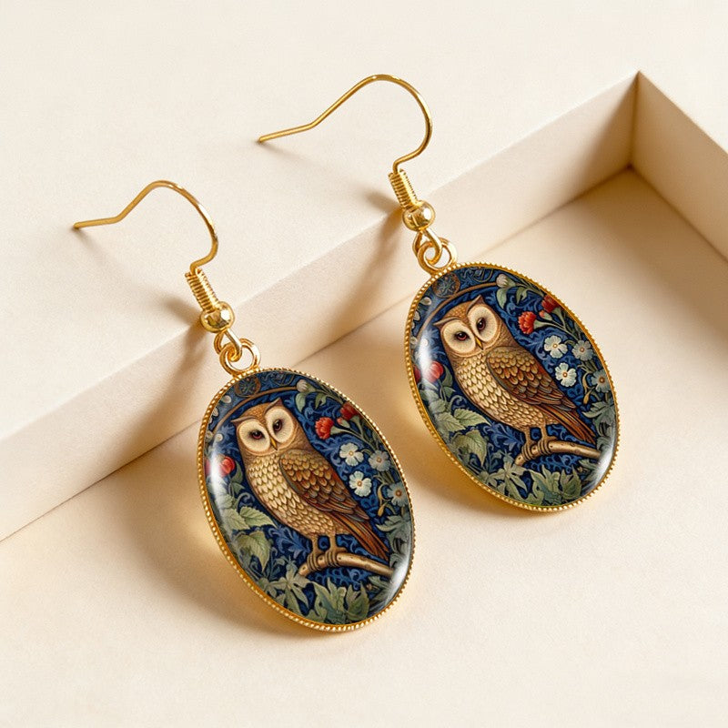 Art Nouveau Owl Oval Earrings
