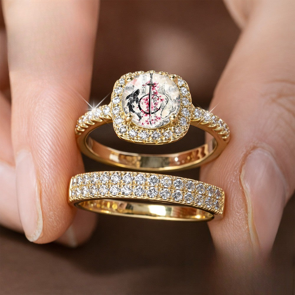 Samurai Sword & Cherry Blossom Square Ring Set