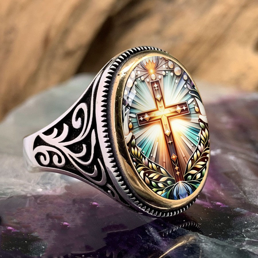 Stained Glass Cross Oval Ring