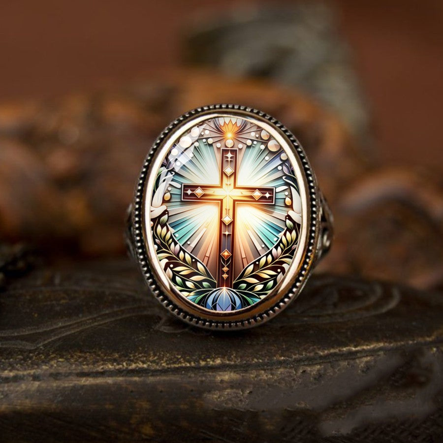 Stained Glass Cross Oval Ring