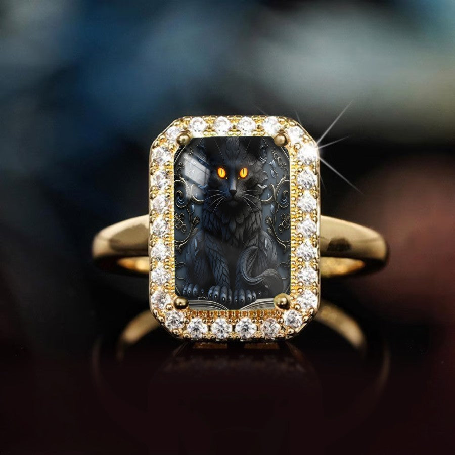 Mystical Black Cat Rectangular Ring