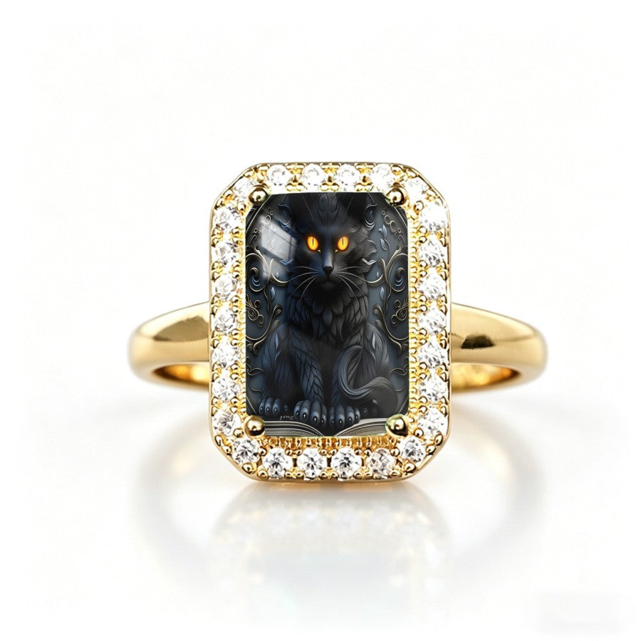 Mystical Black Cat Rectangular Ring
