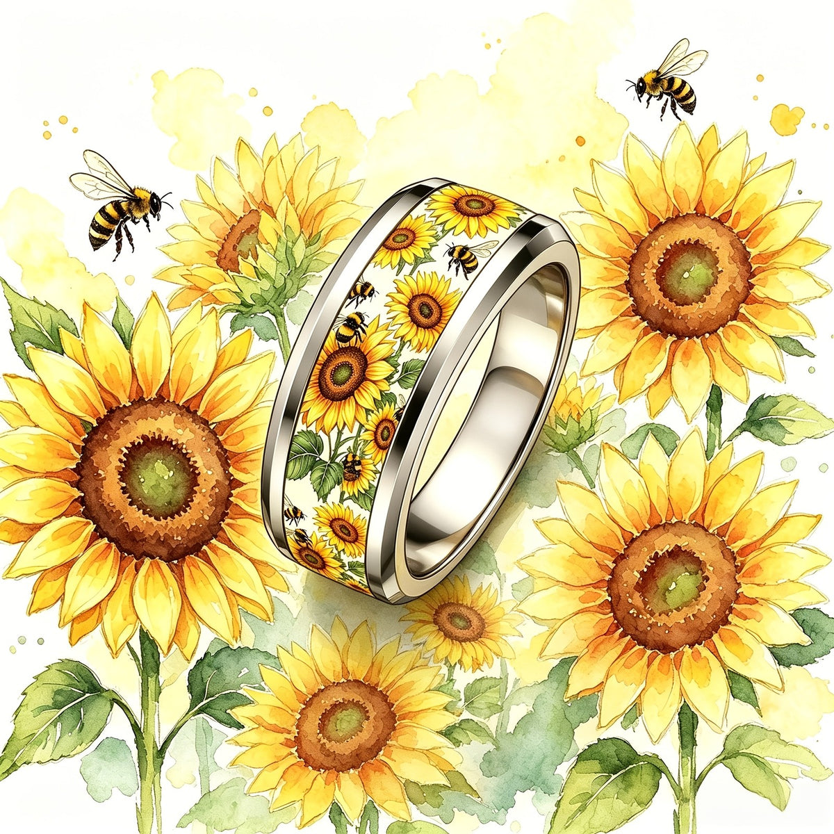 Watercolor Sunflower & Bee Band Ring