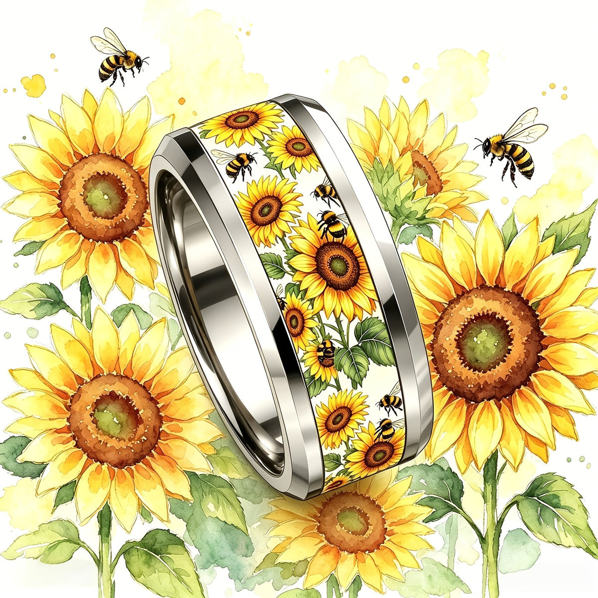 Watercolor Sunflower & Bee Band Ring