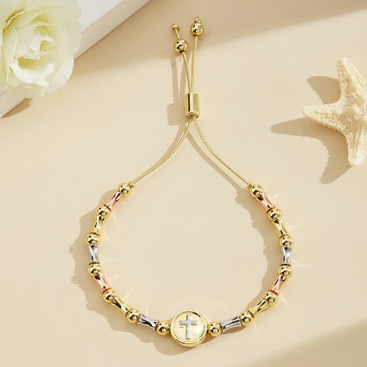 Tri-Color Cross Charm Bracelet