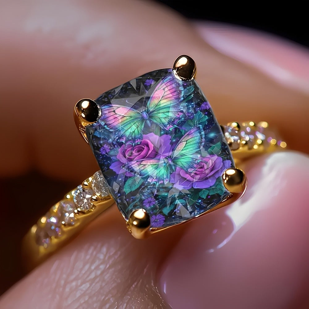 Starry Sky Butterfly & Rose Square Ring