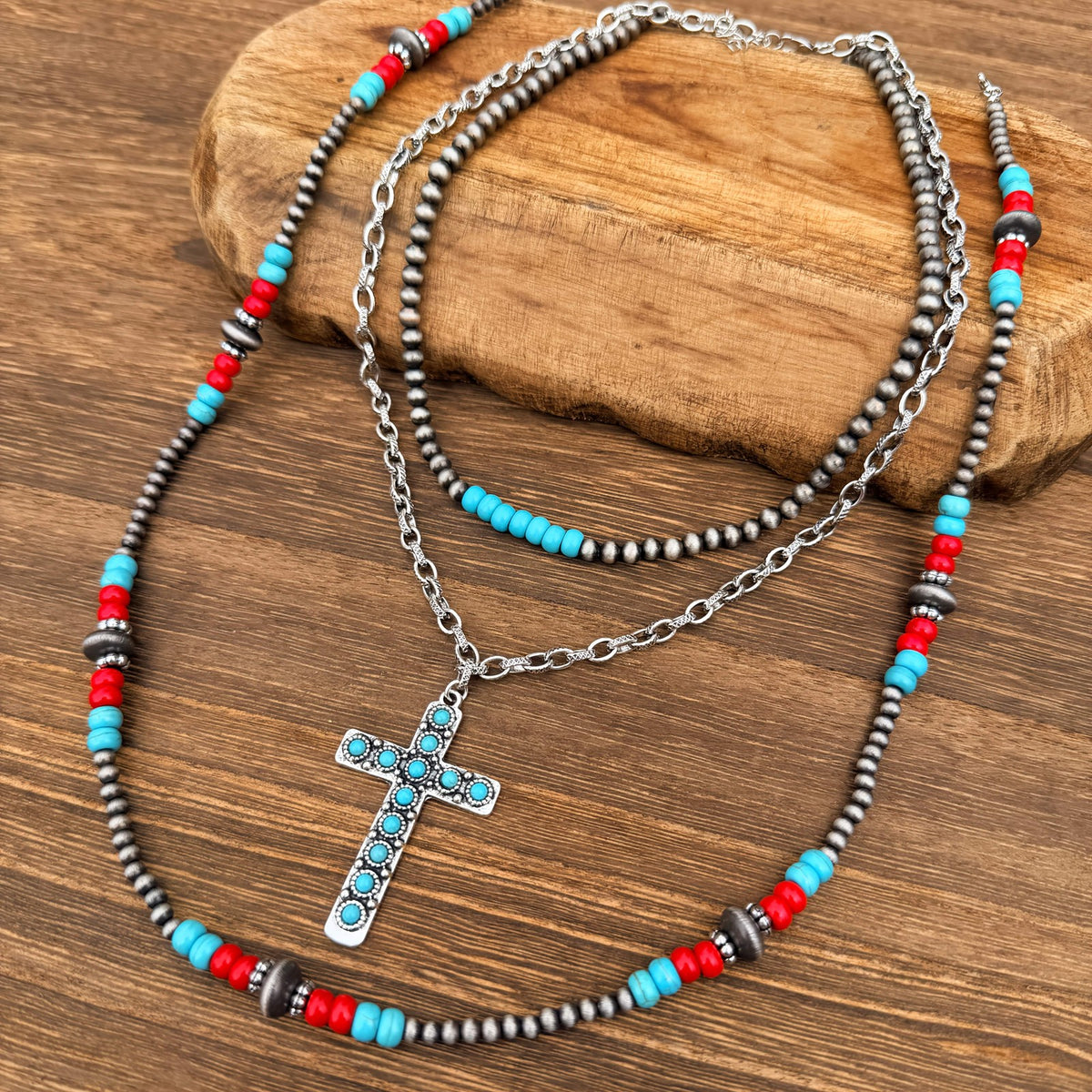 Turquoise & Red Beaded Cross Necklace Set