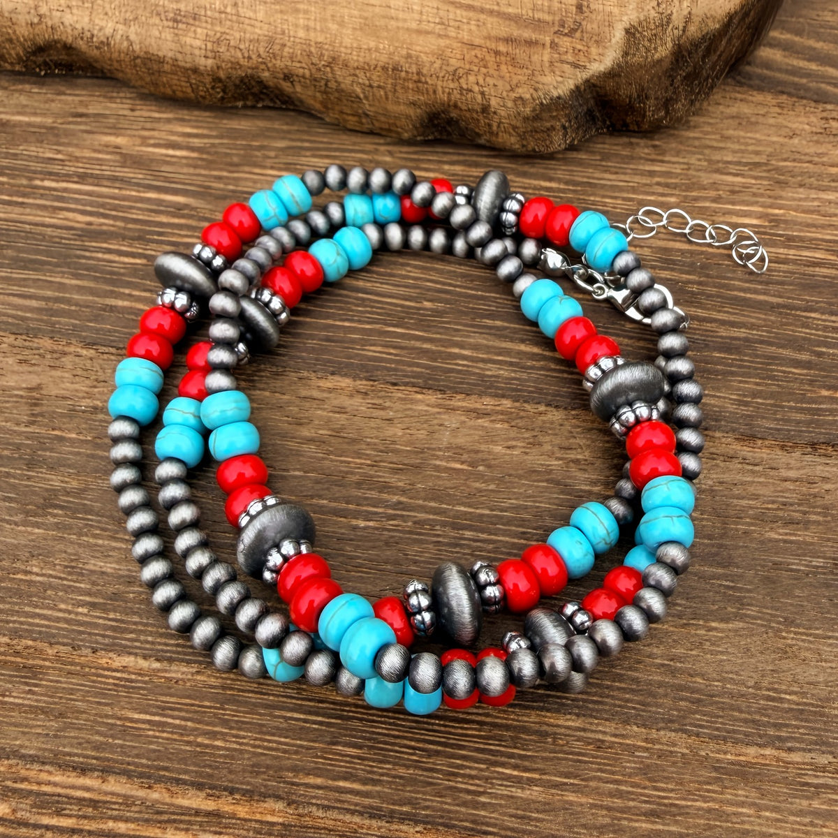 Turquoise & Red Beaded Cross Necklace Set