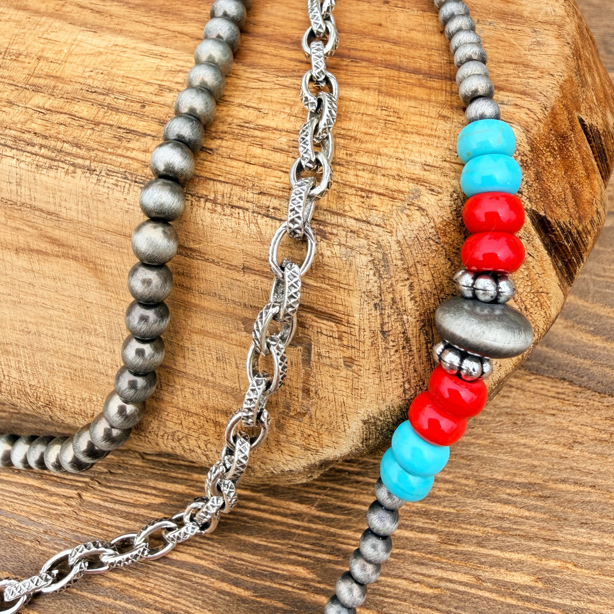 Turquoise & Red Beaded Cross Necklace Set