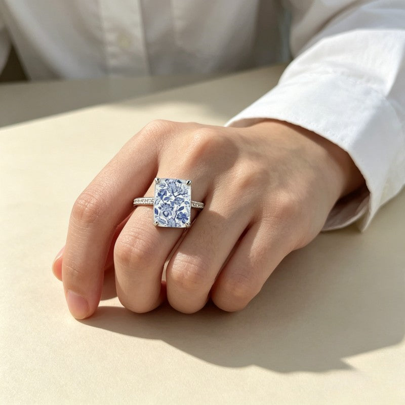 Blue Floral Square Ring