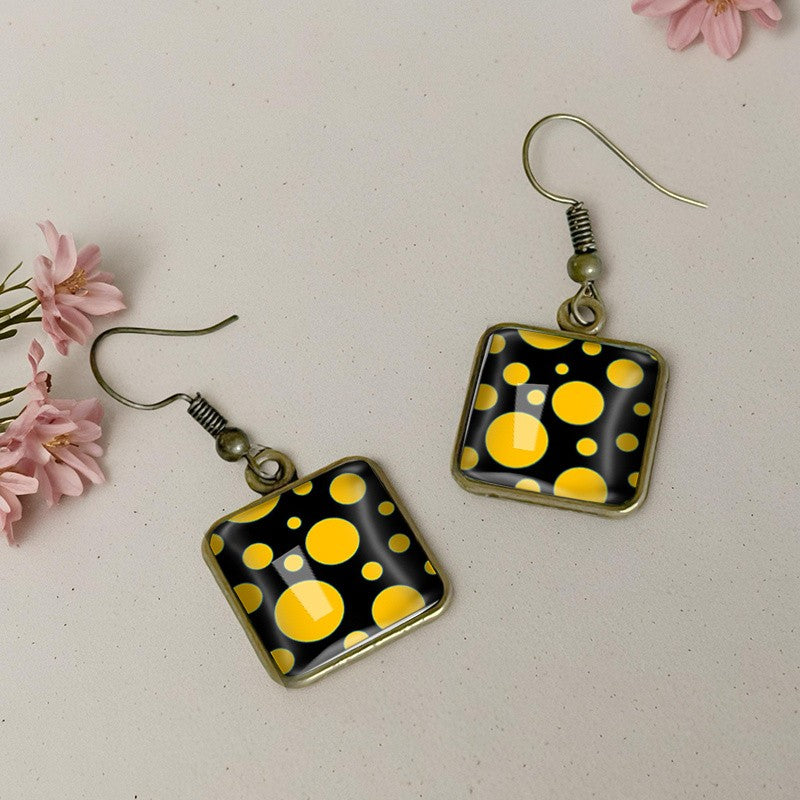 Yellow Polka Dot Square Dangle Earrings