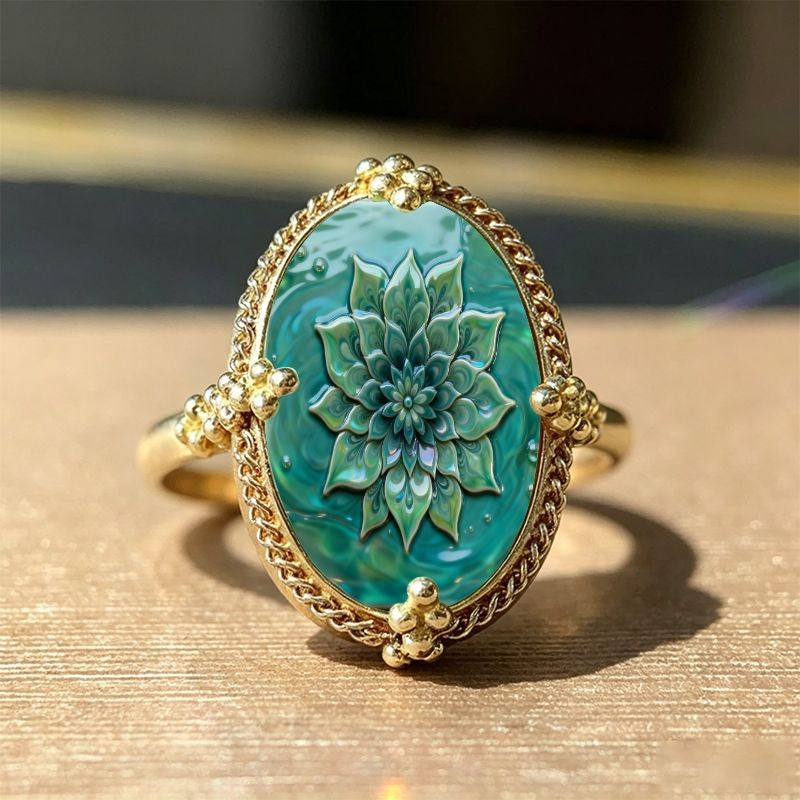 Teal Floral Oval Ring