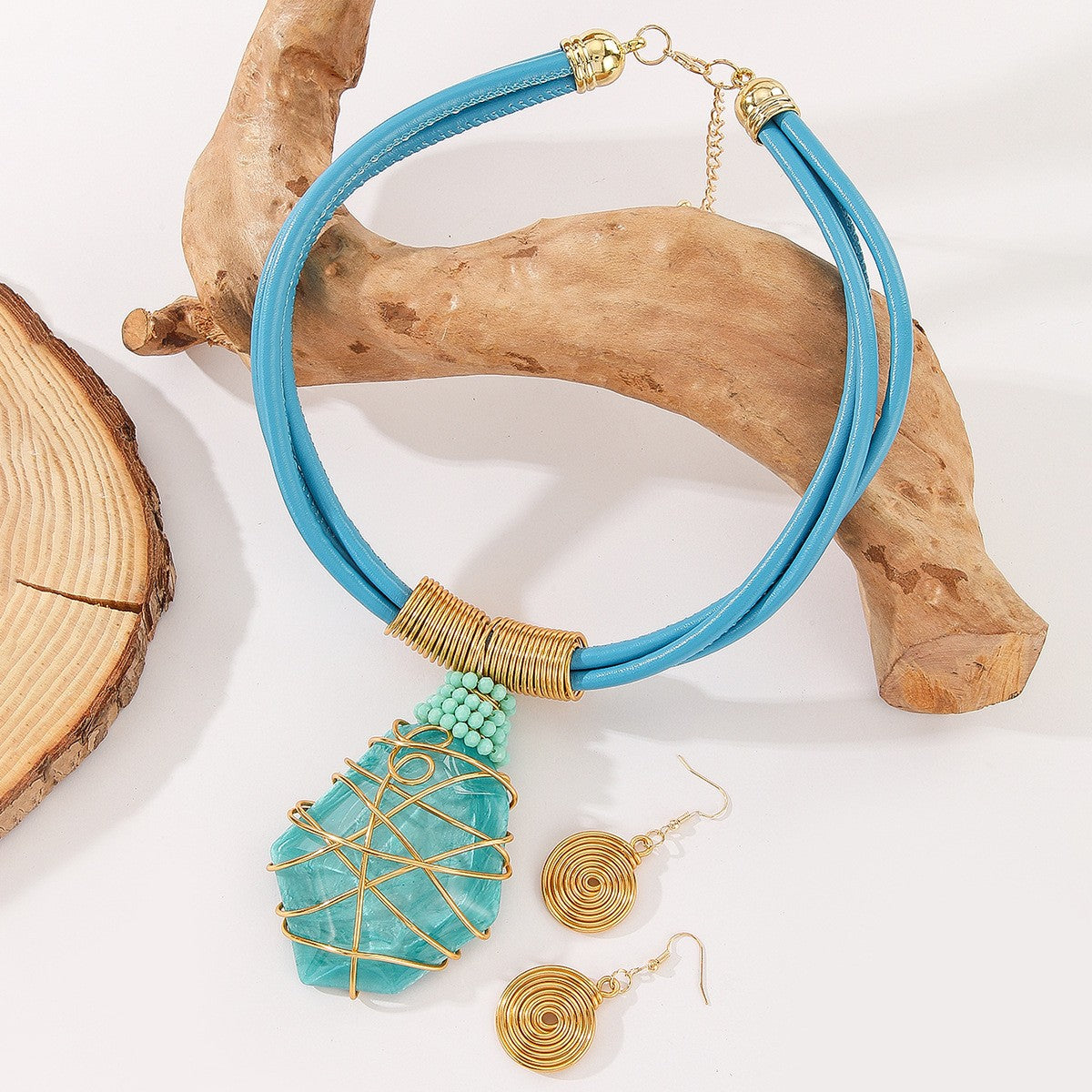 Orange Wire-Wrapped Pendant Necklace Set