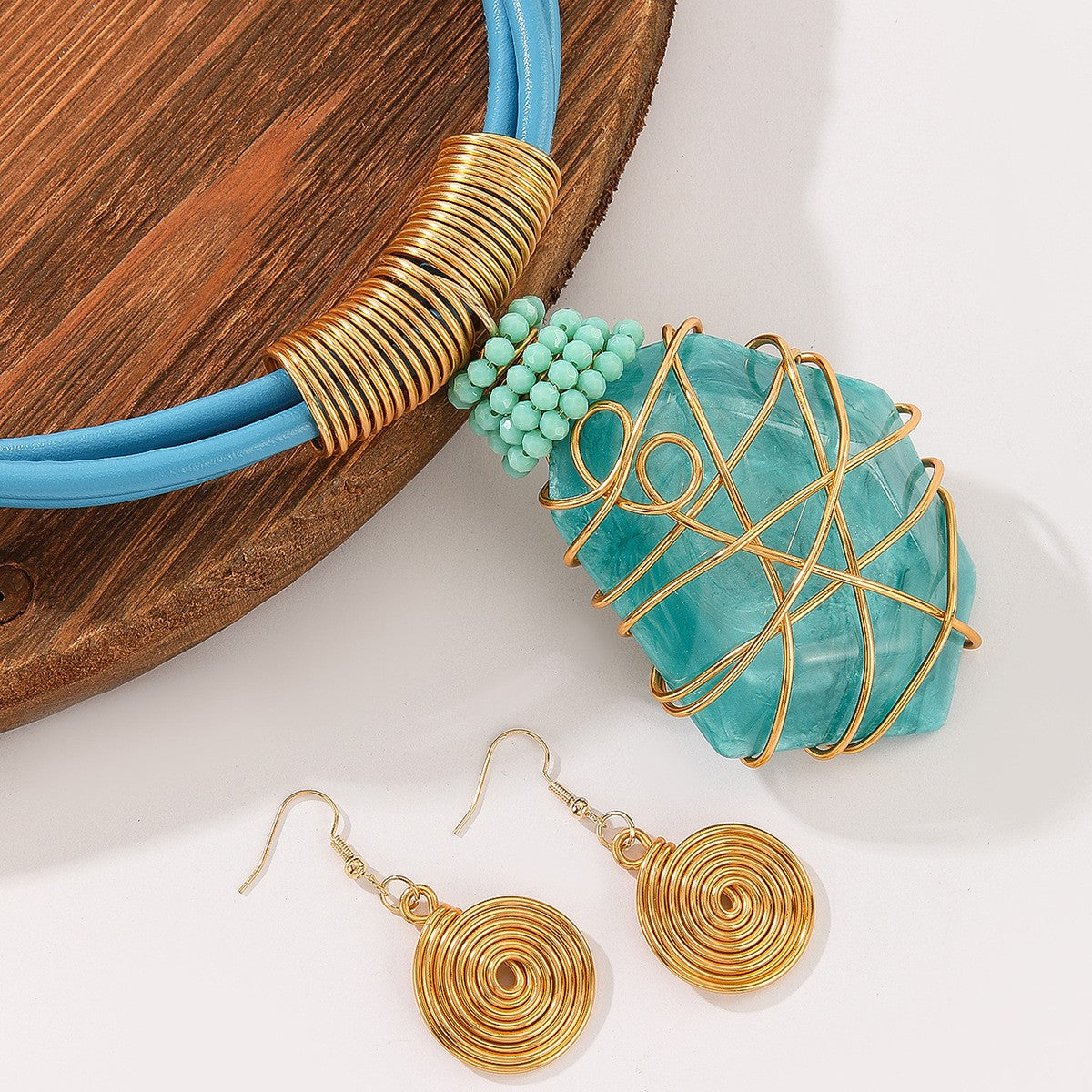 Orange Wire-Wrapped Pendant Necklace Set