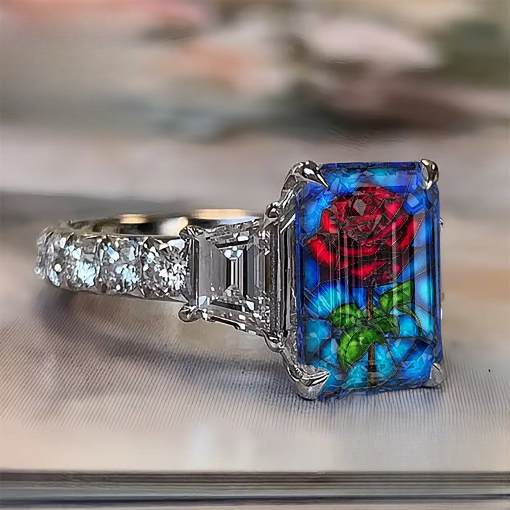 Red Rose Stained Glass Rectangle Ring