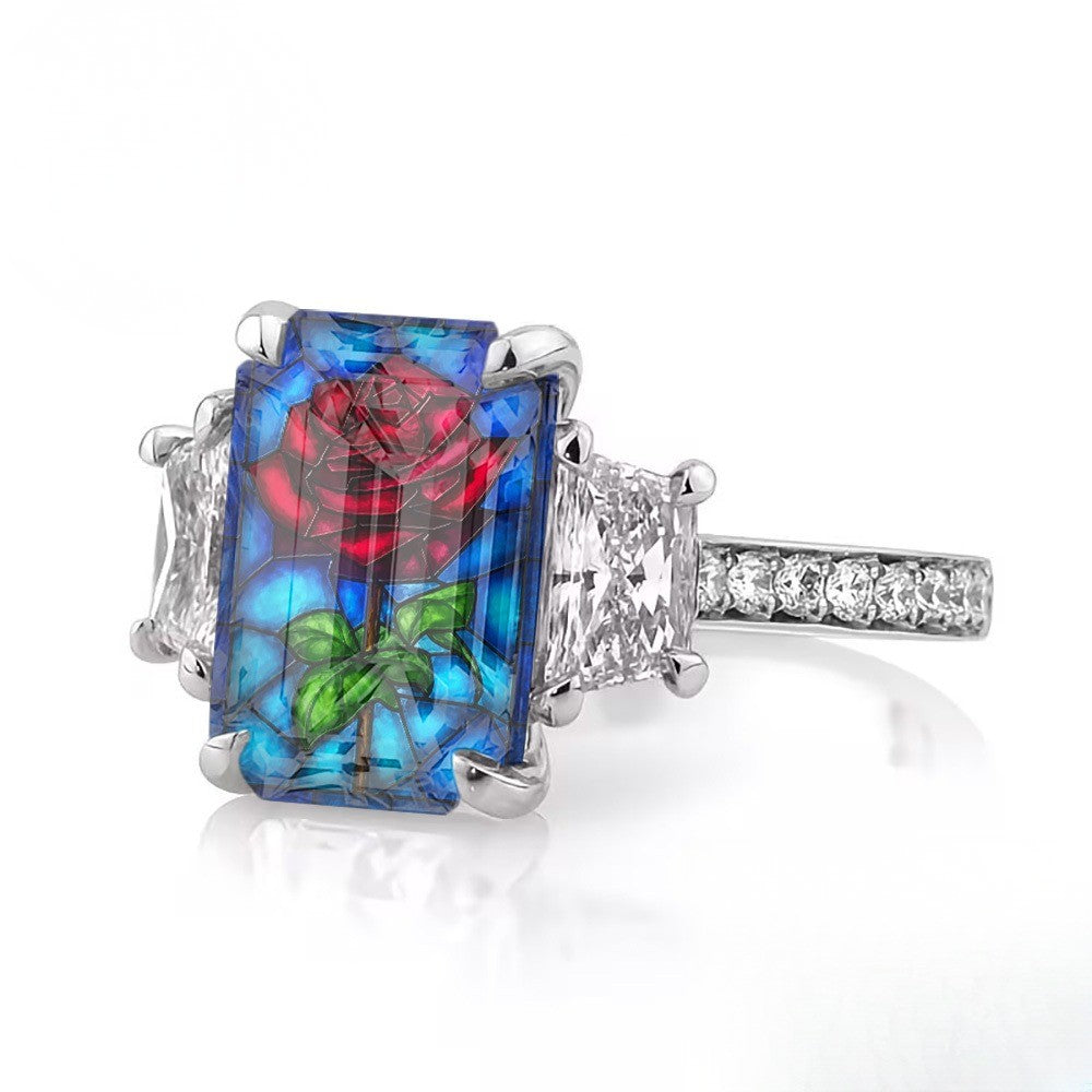Red Rose Stained Glass Rectangle Ring