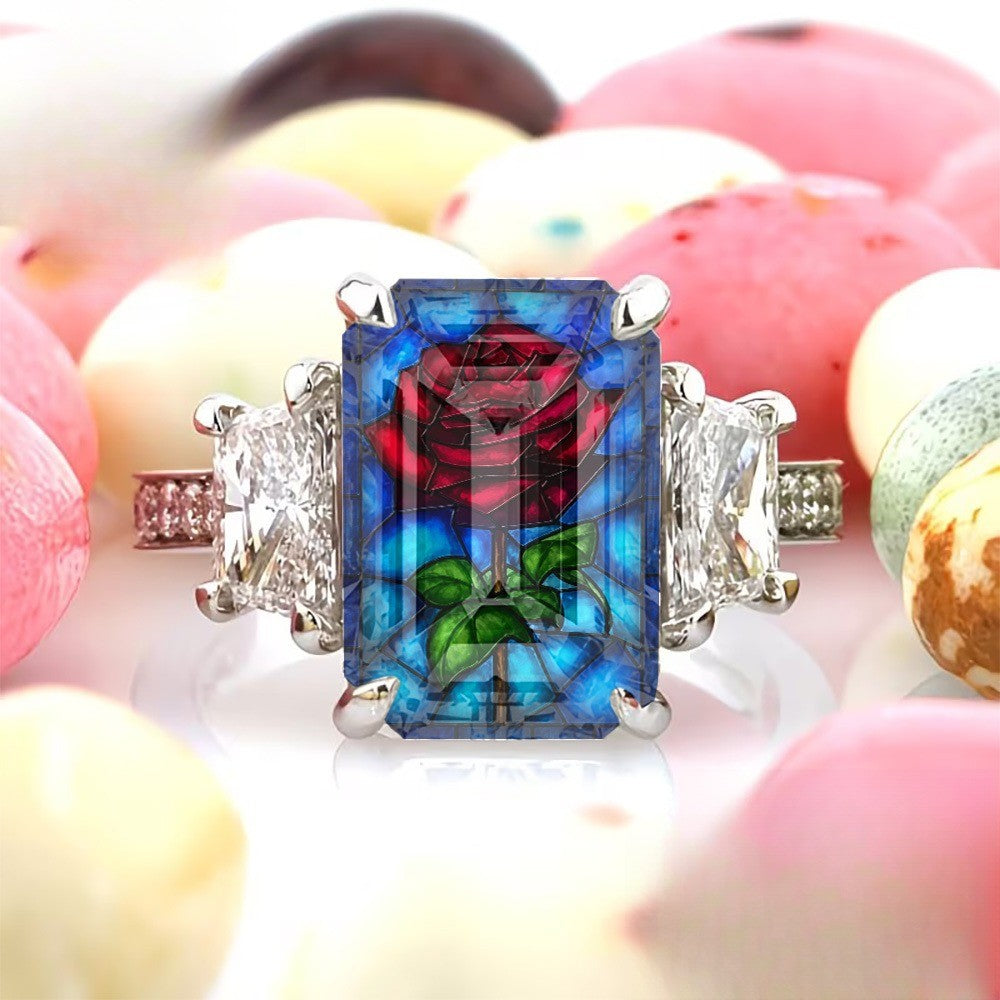 Red Rose Stained Glass Rectangle Ring