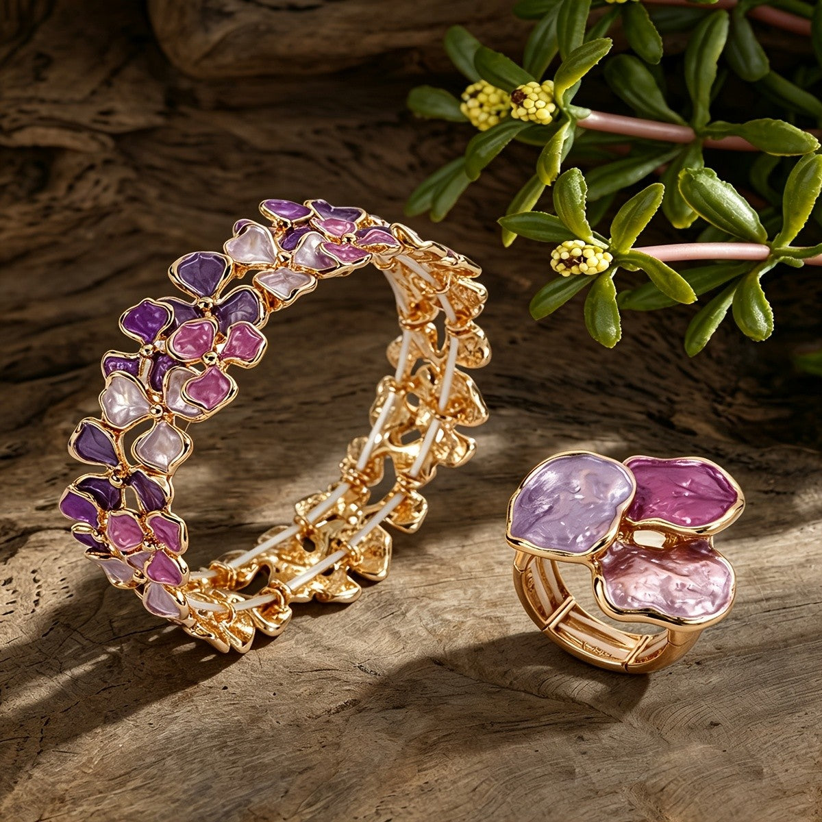 Purple Petal Stretch Bracelet & Ring Set