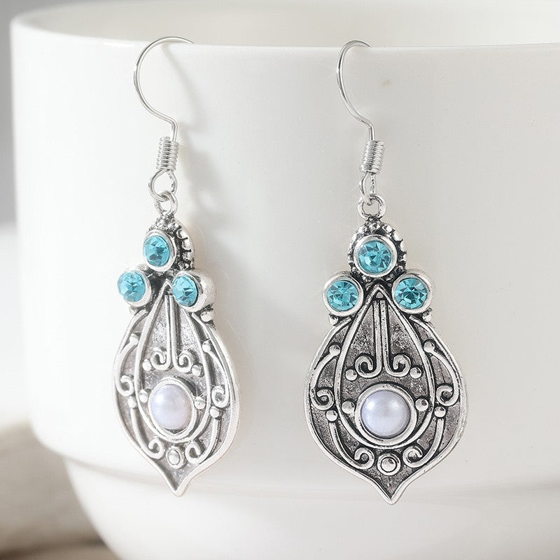 Blue Stone Filigree Leaf Drop Earrings