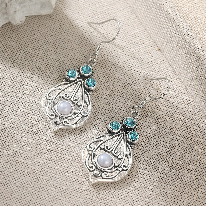 Blue Stone Filigree Leaf Drop Earrings
