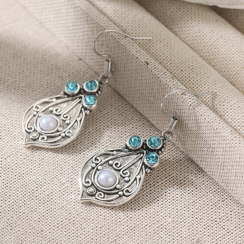 Blue Stone Filigree Leaf Drop Earrings